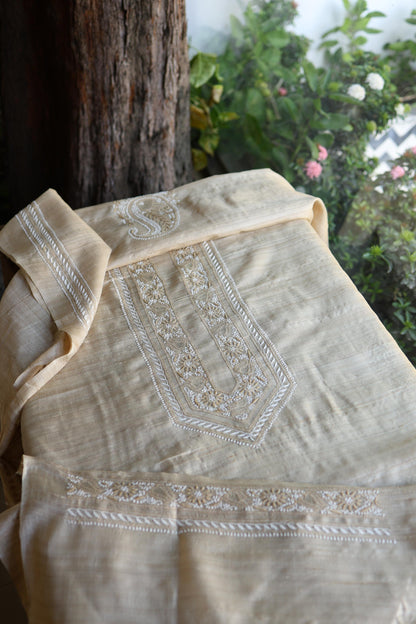 Natural Tussar Silk Chikankari Men’s Kurta Fabric