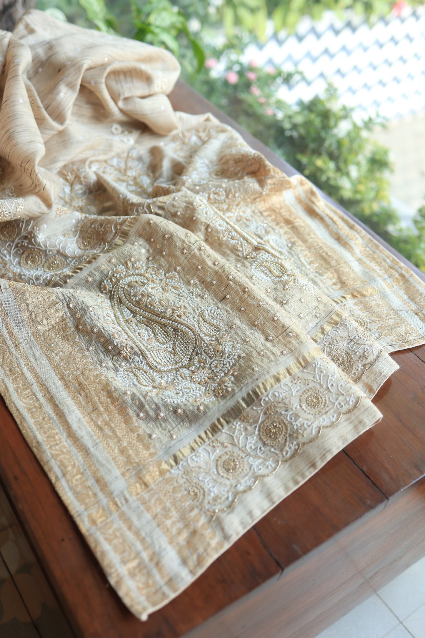 Natural Beige Tussar Silk Chikankari Saree