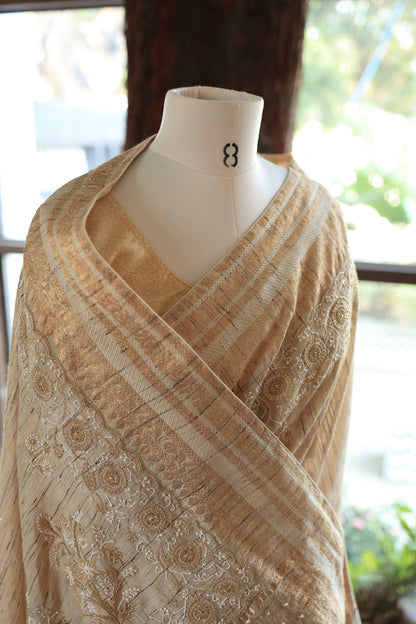 Natural Beige Tussar Silk Chikankari Saree
