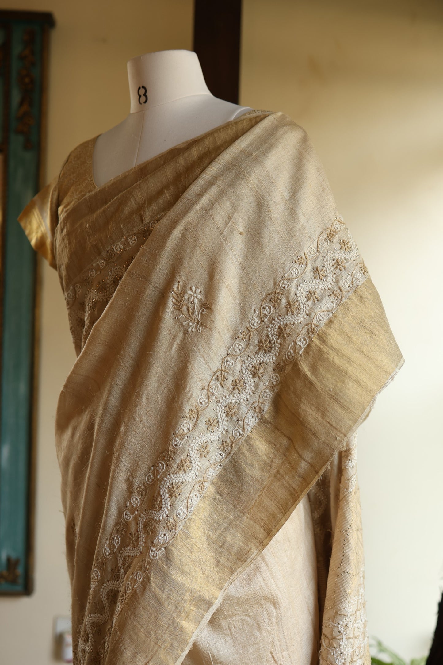 Natural Tussar Silk Shade Basak Chikankari Saree