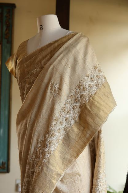 Natural Tussar Silk Shade Basak Chikankari Saree