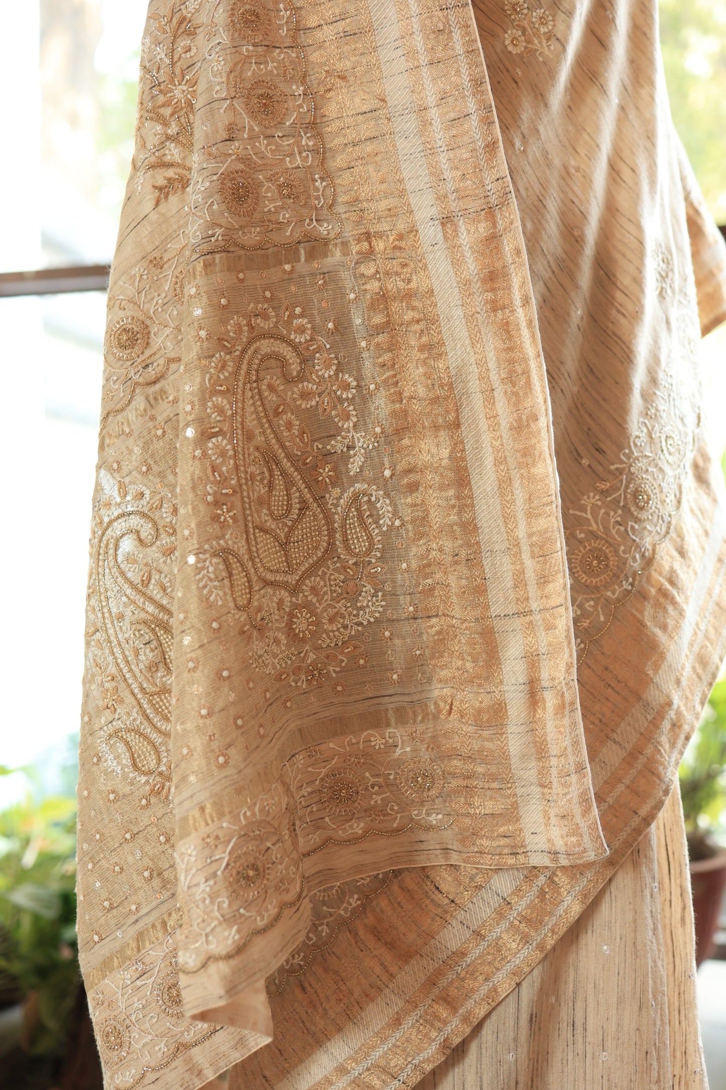 Natural Beige Tussar Silk Chikankari Saree