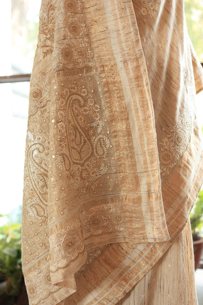 Natural Beige Tussar Silk Chikankari Saree