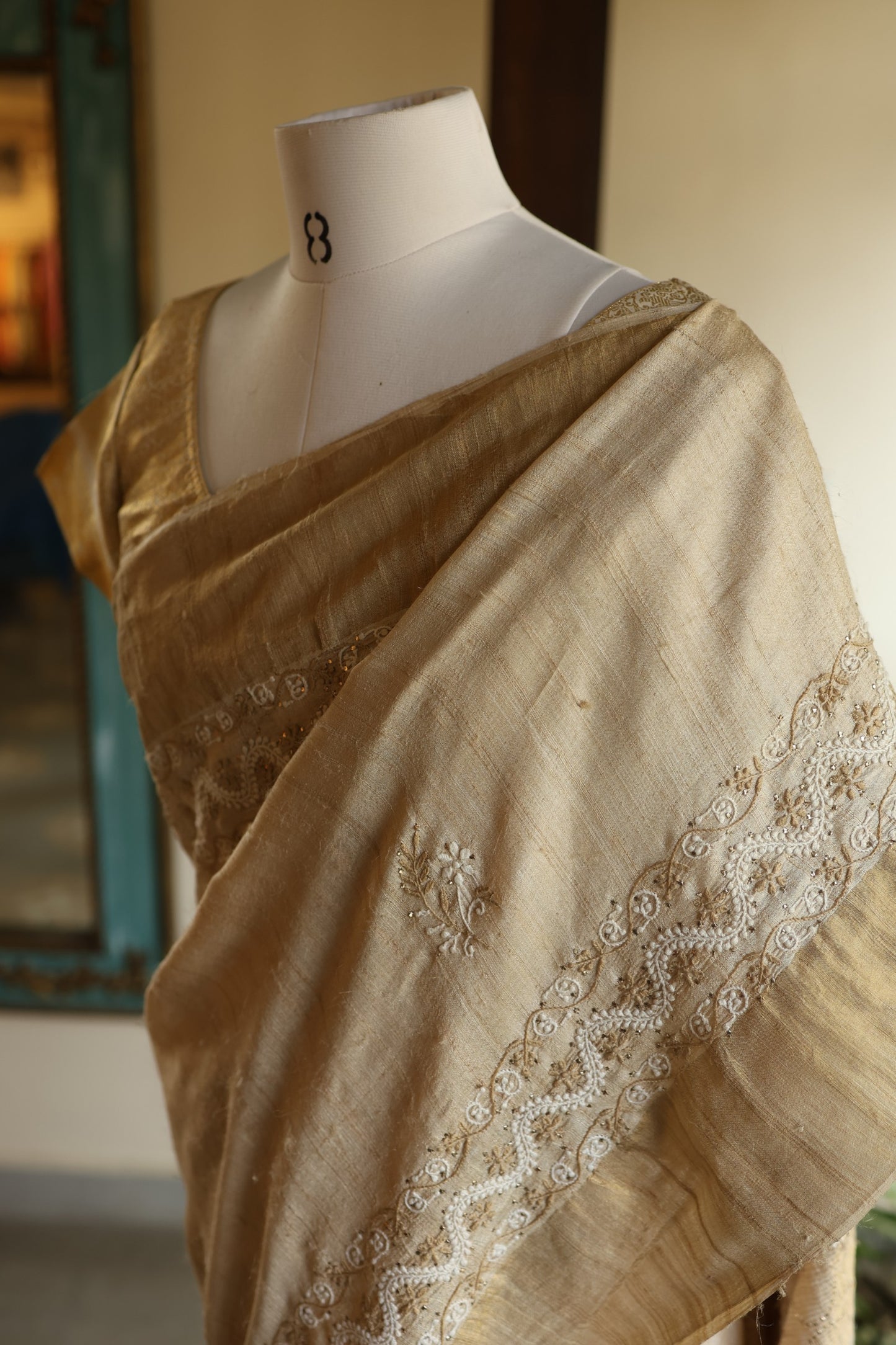 Natural Tussar Silk Shade Basak Chikankari Saree