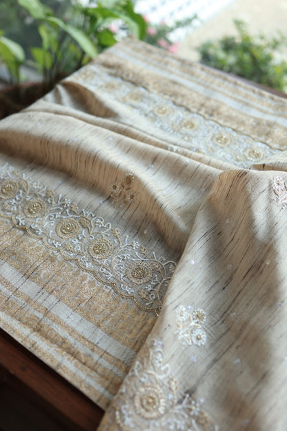 Natural Beige Tussar Silk Chikankari Saree