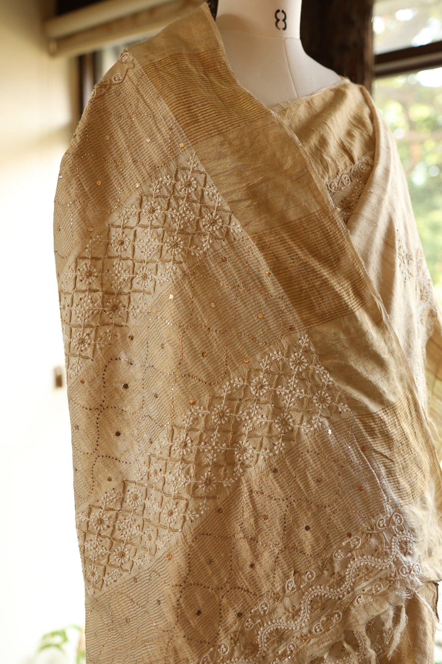 Natural Tussar Silk Shade Basak Chikankari Saree