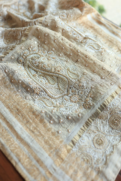 Natural Beige Tussar Silk Chikankari Saree