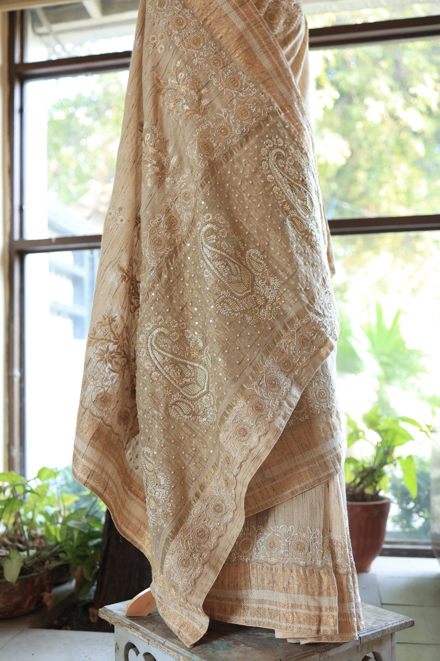 Natural Beige Tussar Silk Chikankari Saree