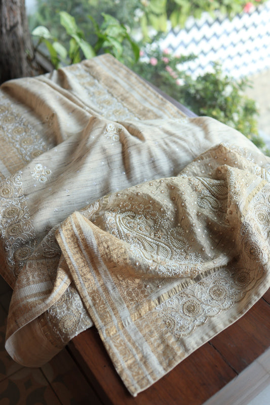 Natural Beige Tussar Silk Chikankari Saree