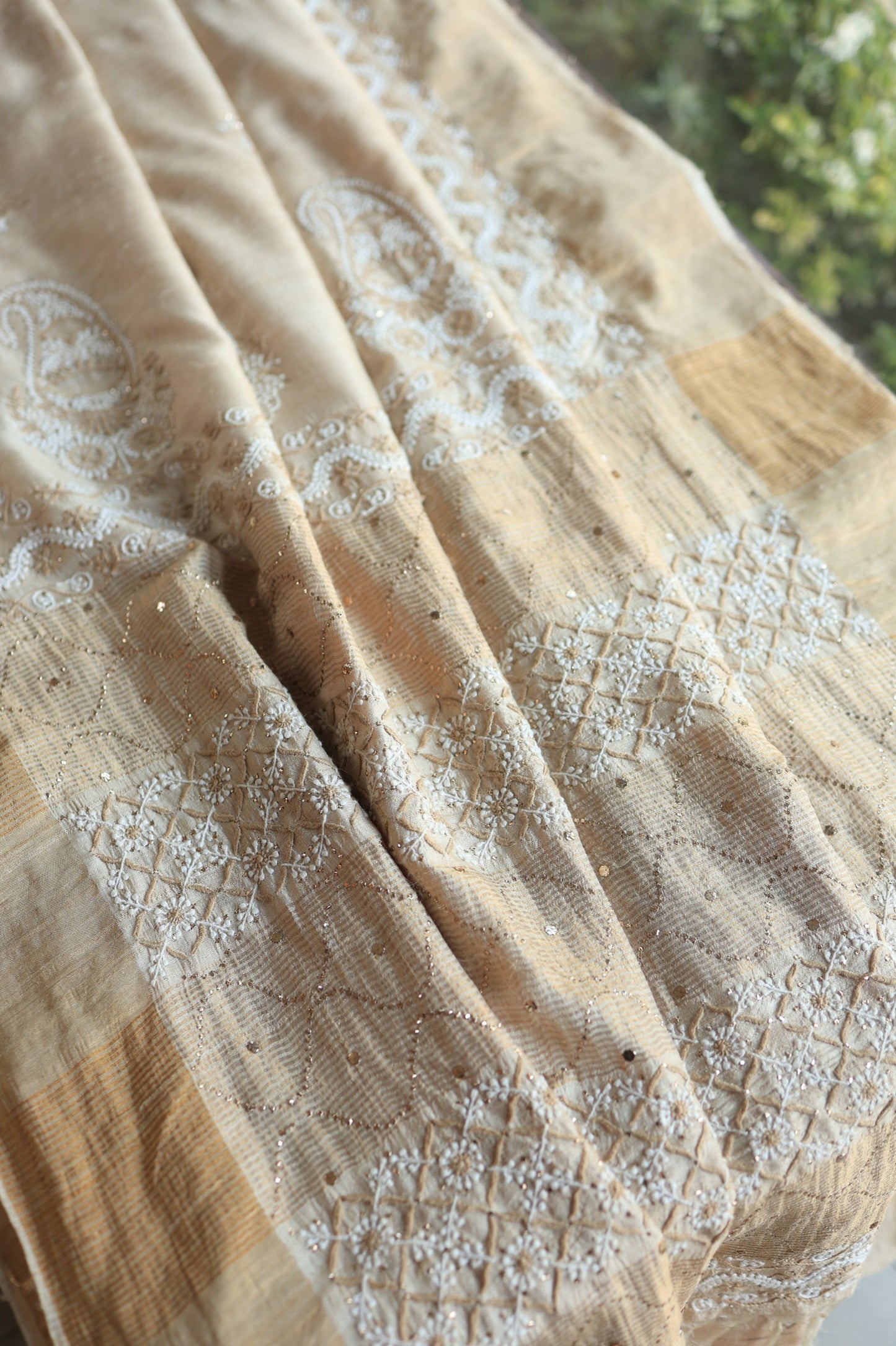 Natural Tussar Silk Shade Basak Chikankari Saree