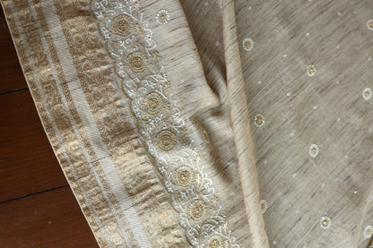 Natural Beige Tussar Silk Chikankari Saree