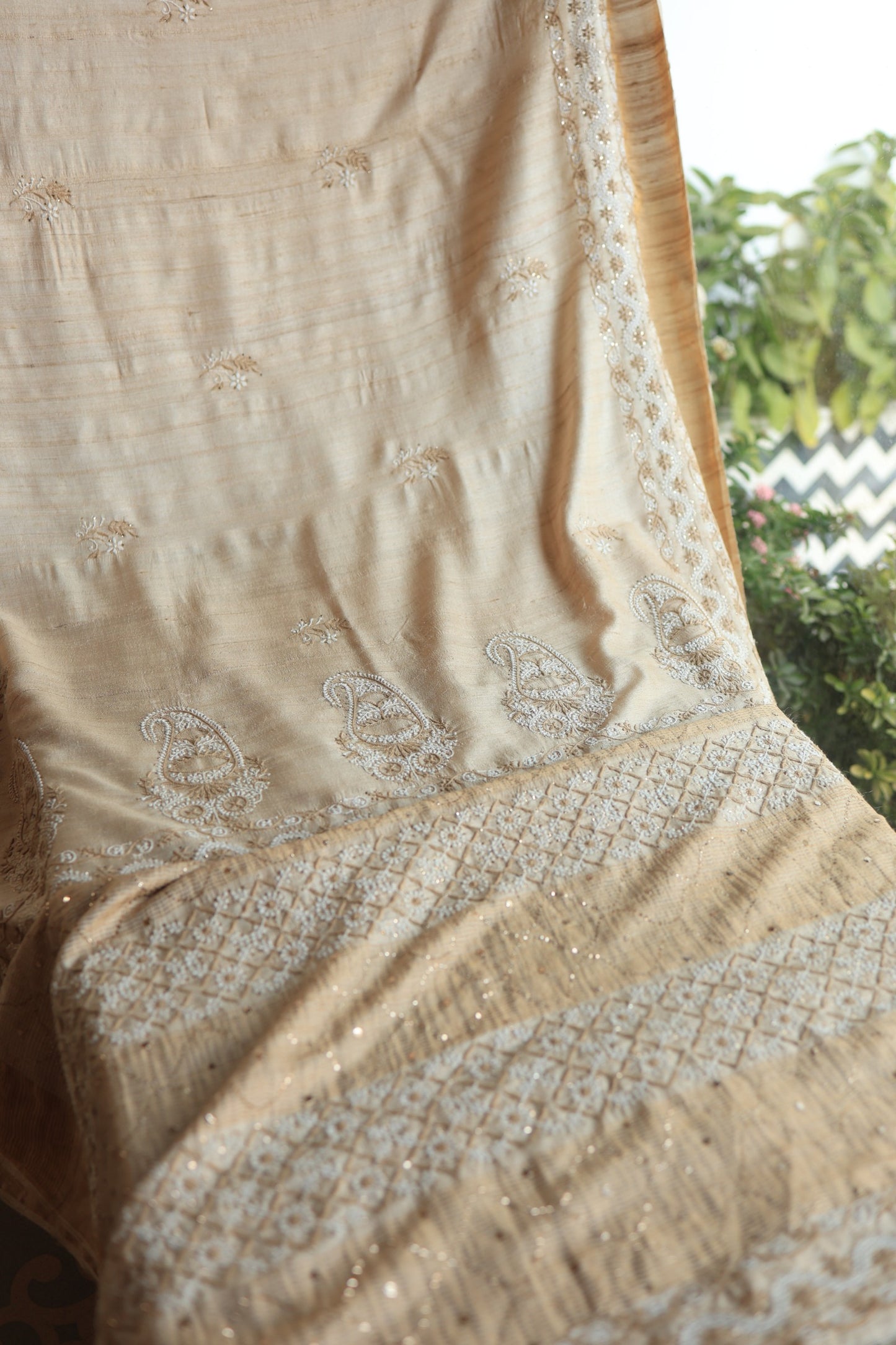 Natural Tussar Silk Shade Basak Chikankari Saree