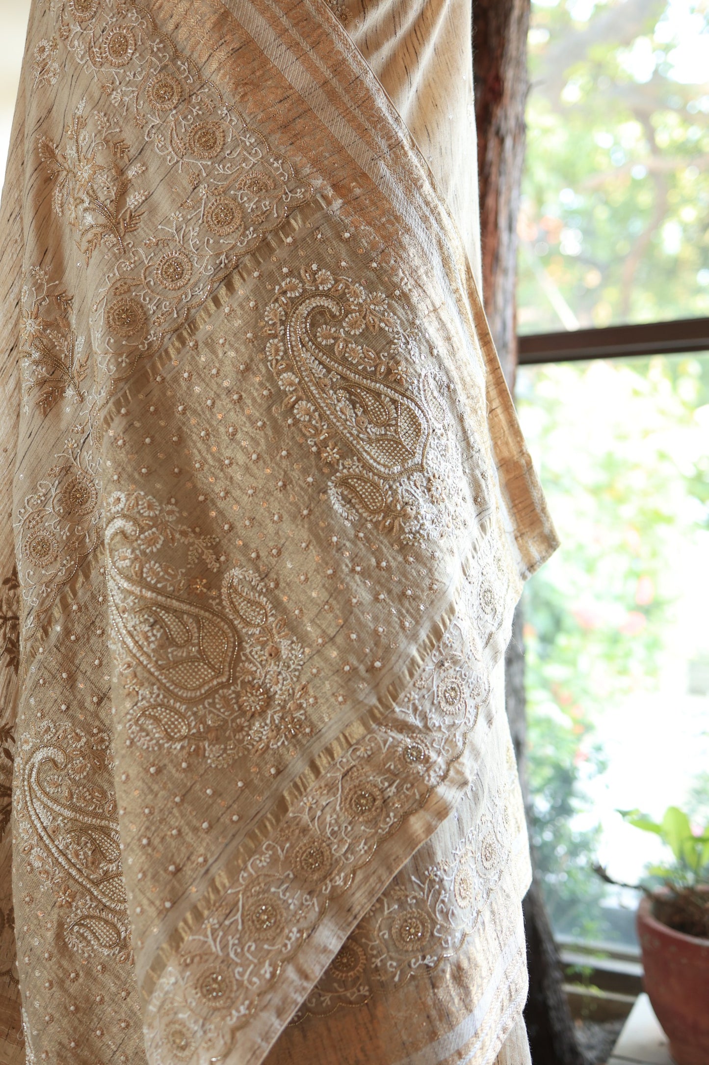 Natural Beige Tussar Silk Chikankari Saree