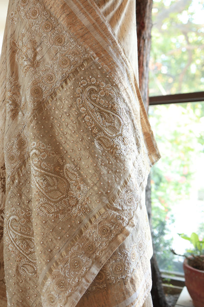 Natural Beige Tussar Silk Chikankari Saree