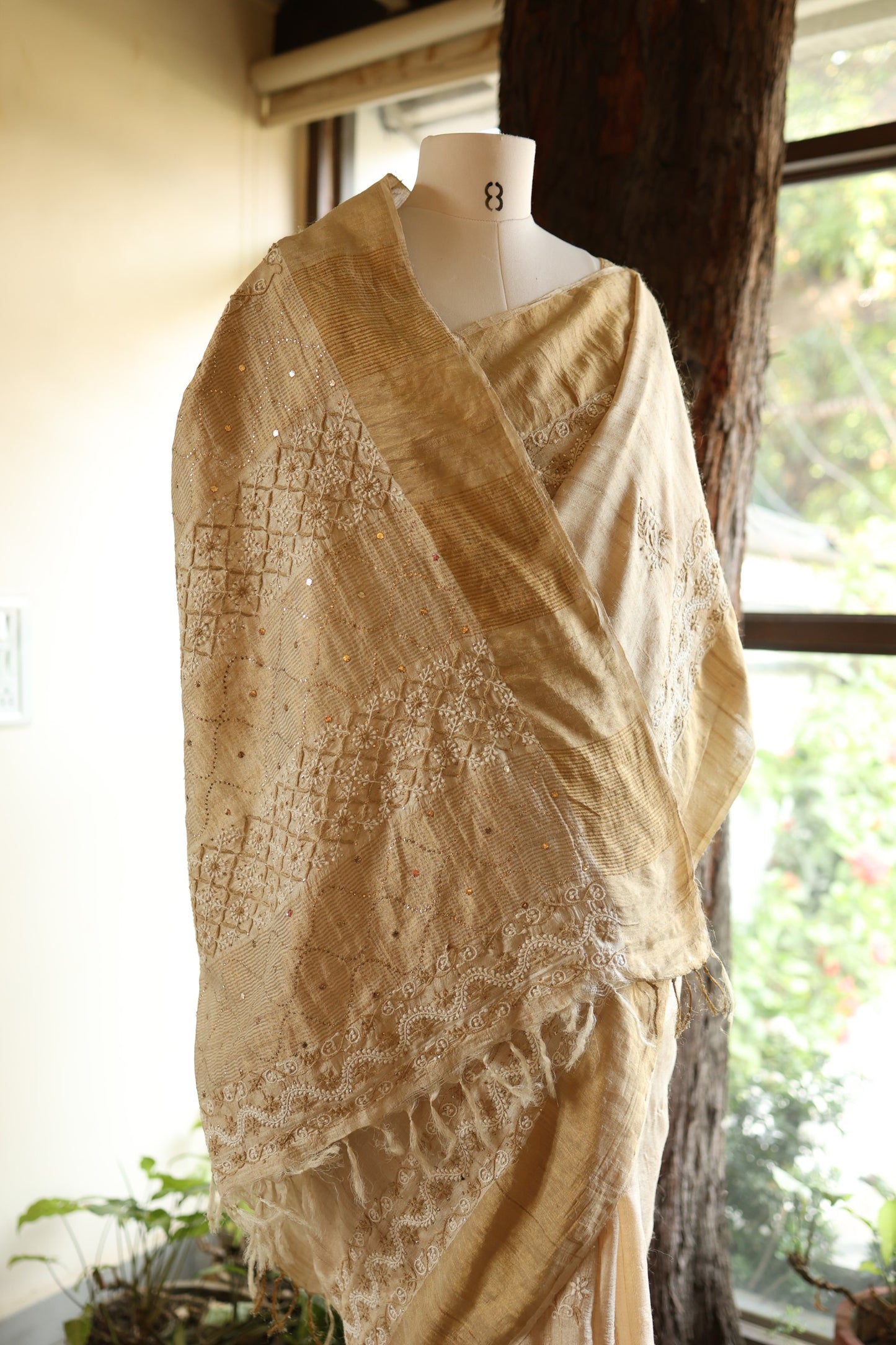 Natural Tussar Silk Shade Basak Chikankari Saree