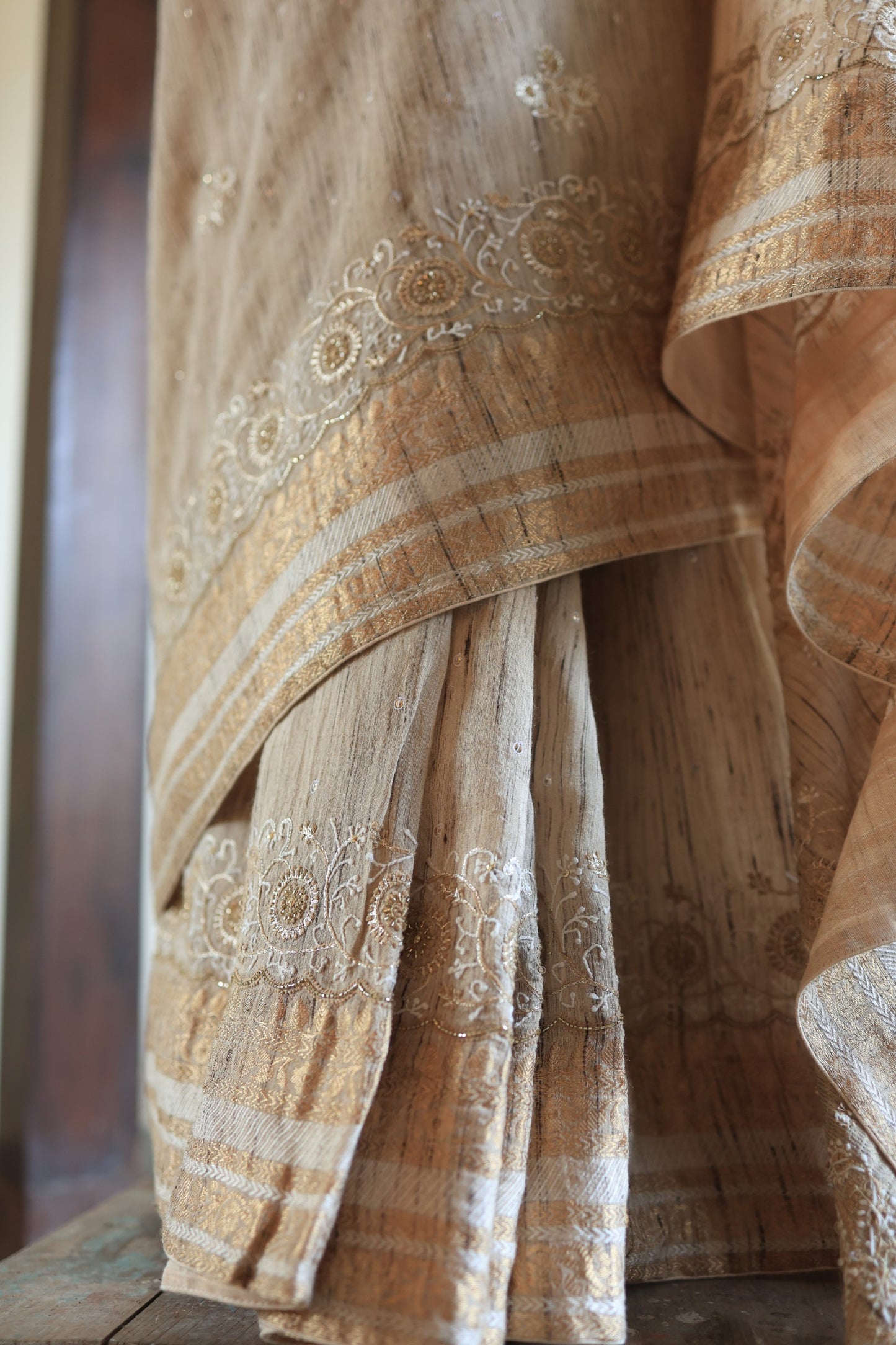 Natural Beige Tussar Silk Chikankari Saree