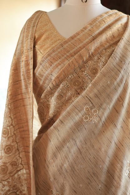 Natural Beige Tussar Silk Chikankari Saree
