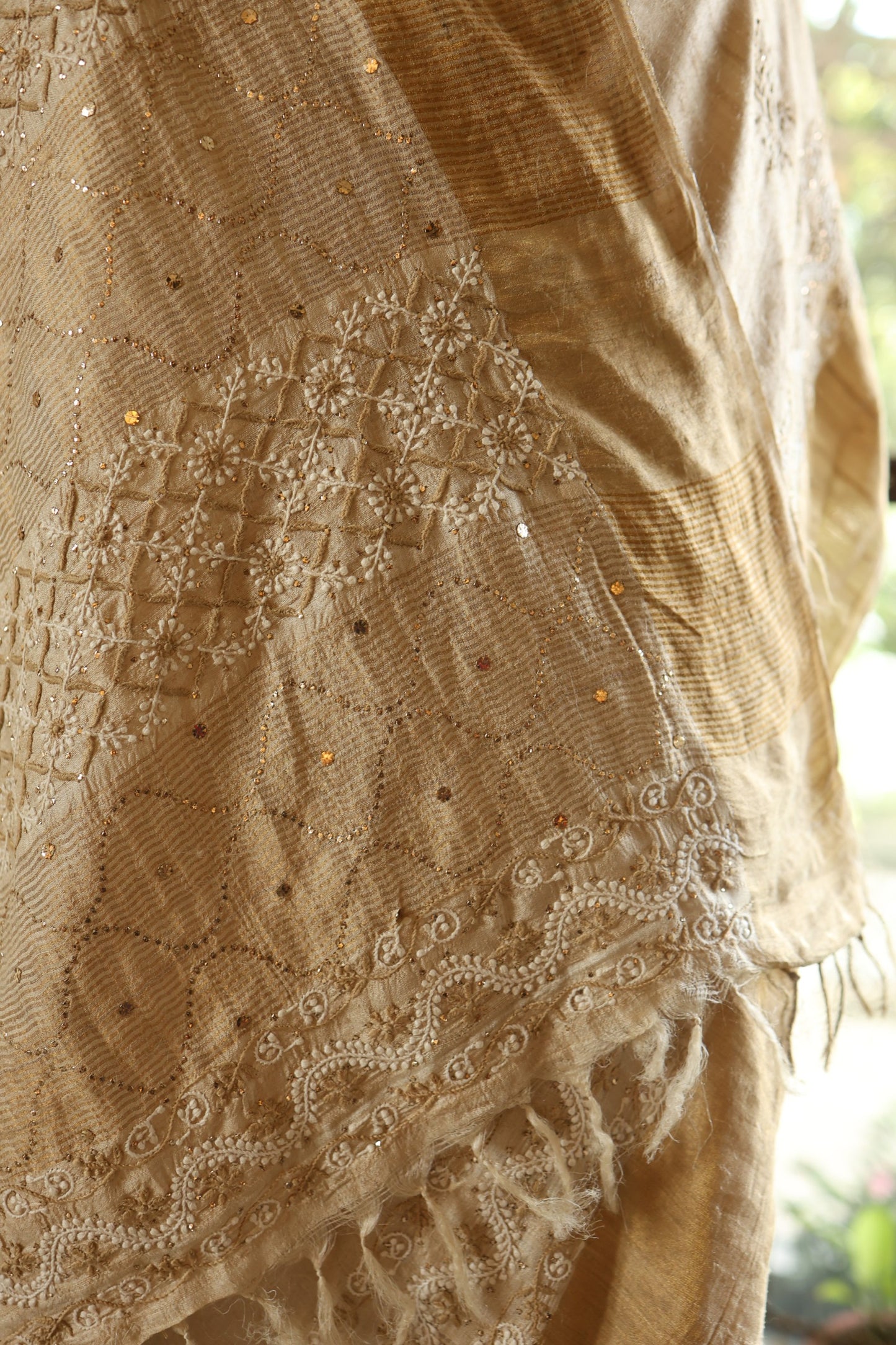 Natural Tussar Silk Shade Basak Chikankari Saree