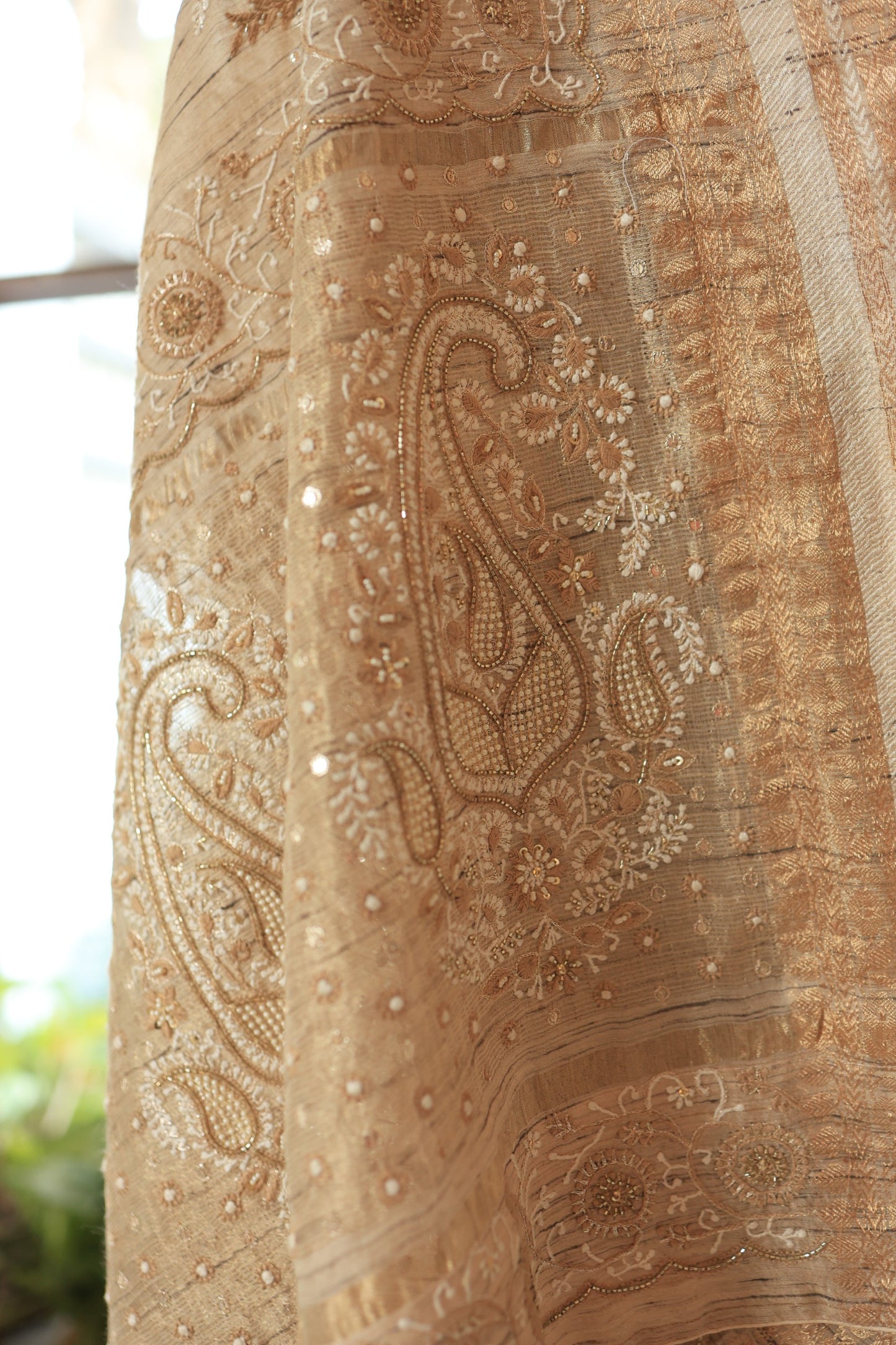 Natural Beige Tussar Silk Chikankari Saree