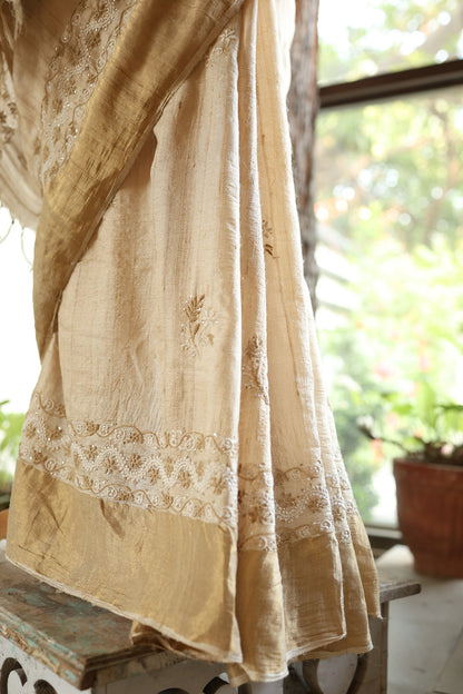 Natural Tussar Silk Shade Basak Chikankari Saree