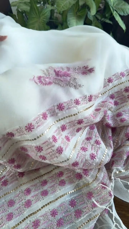 Natural White Net Organza Chikankari Saree With Mukaish Kamdani