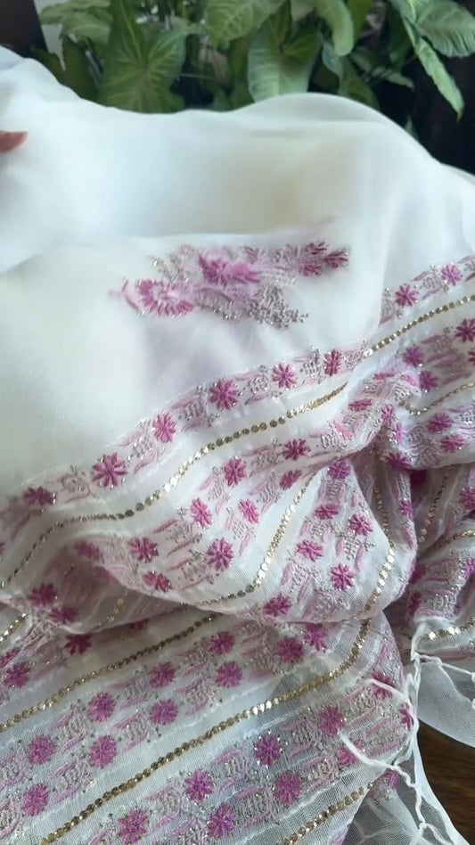 Natural White Net Organza Chikankari Saree With Mukaish Kamdani