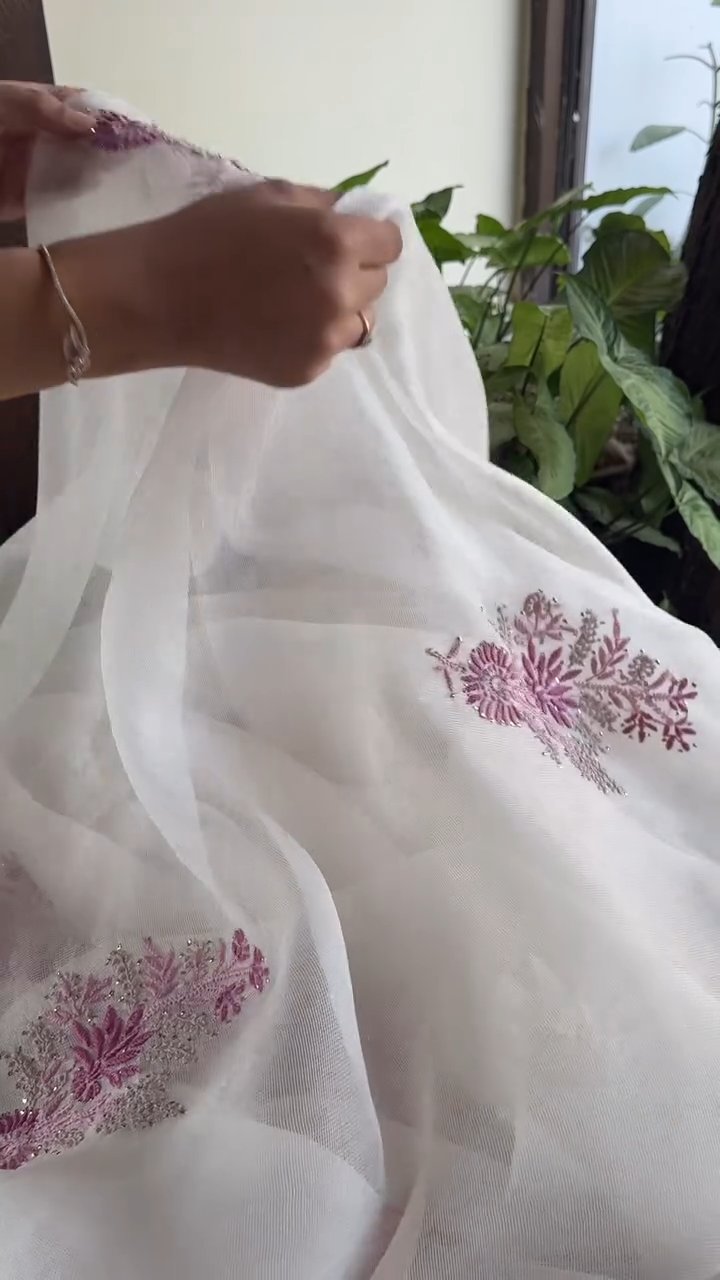 Natural White Net Organza Chikankari Saree With Mukaish Kamdani