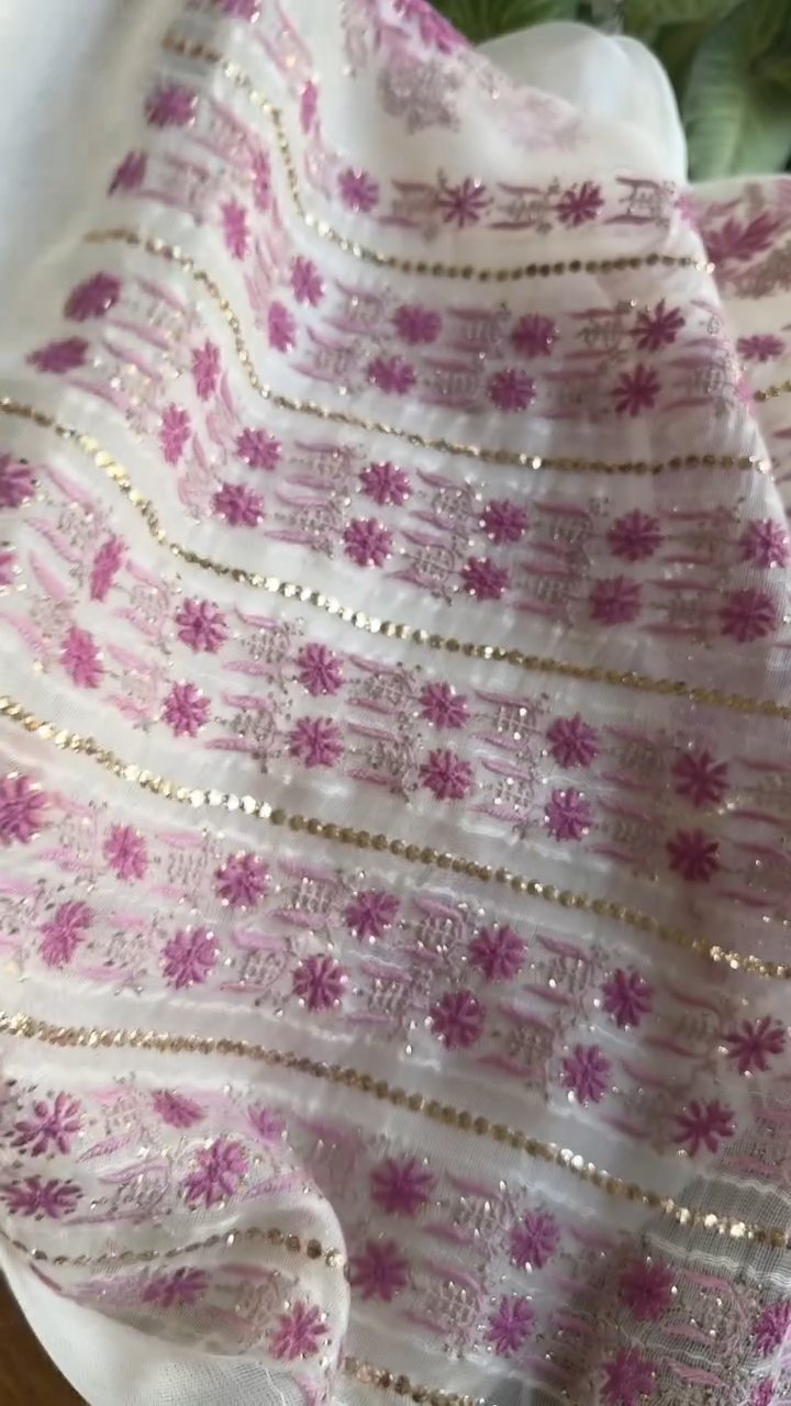Natural White Net Organza Chikankari Saree With Mukaish Kamdani