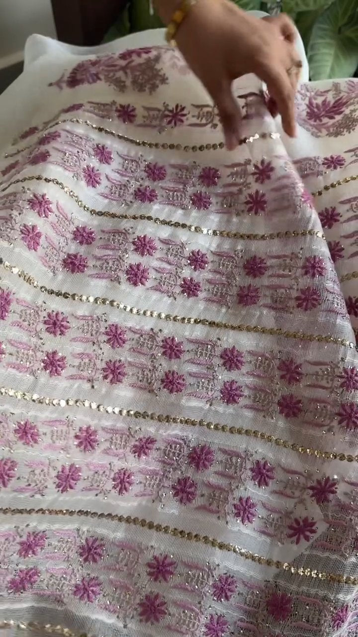 Natural White Net Organza Chikankari Saree With Mukaish Kamdani