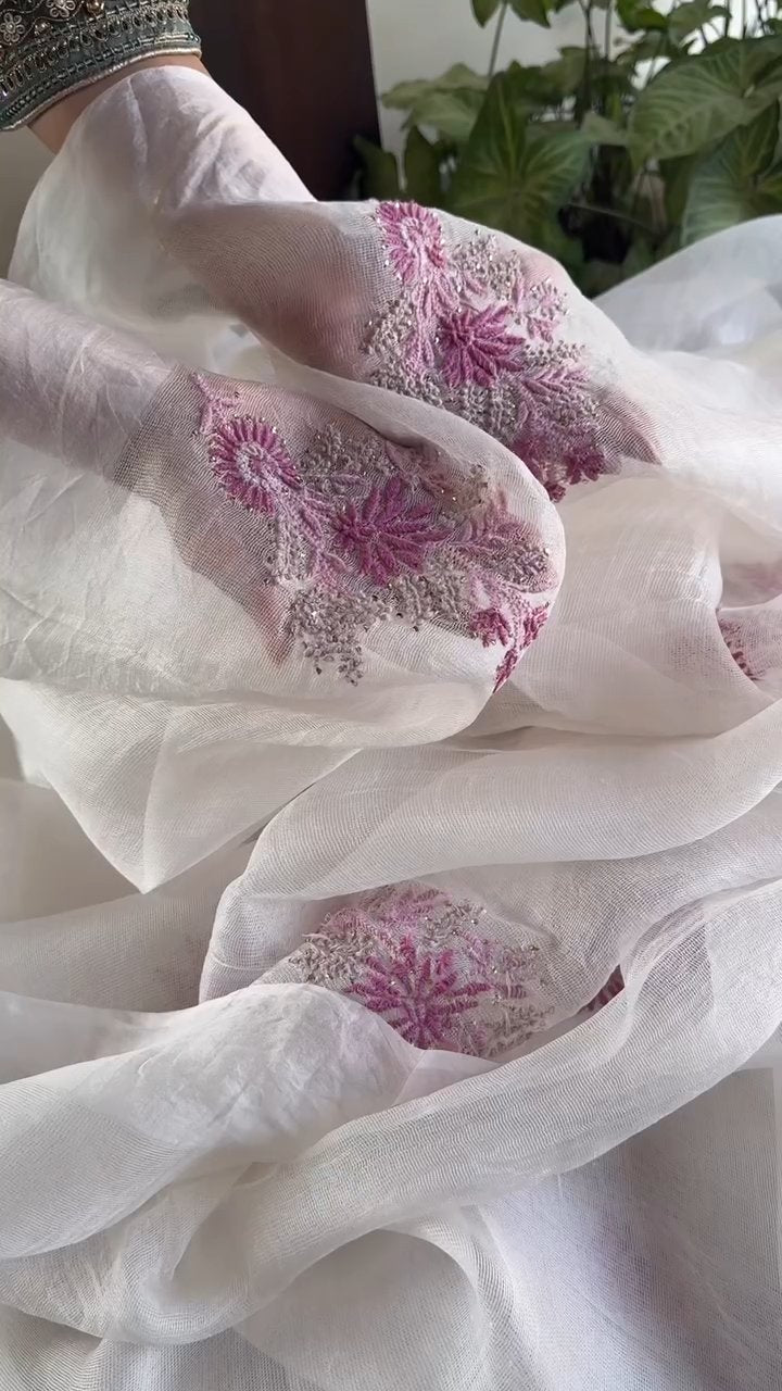 Natural White Net Organza Chikankari Saree With Mukaish Kamdani