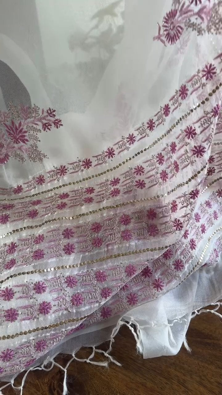 Natural White Net Organza Chikankari Saree With Mukaish Kamdani