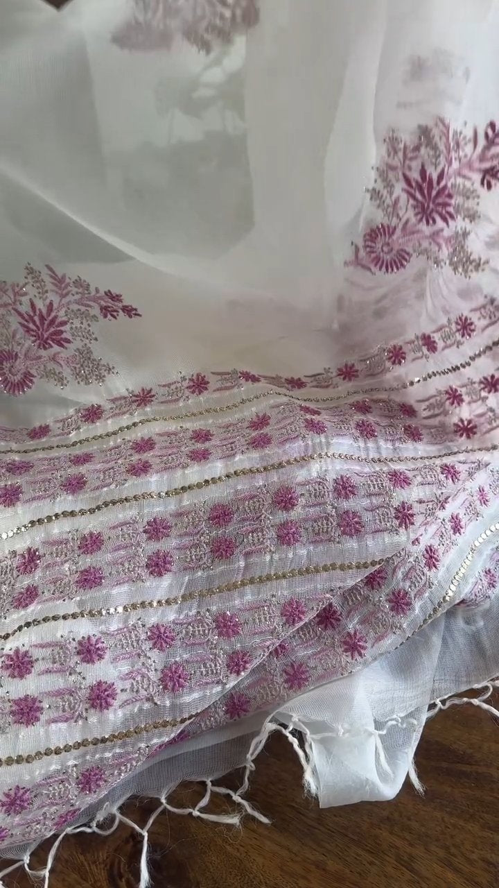 Natural White Net Organza Chikankari Saree With Mukaish Kamdani