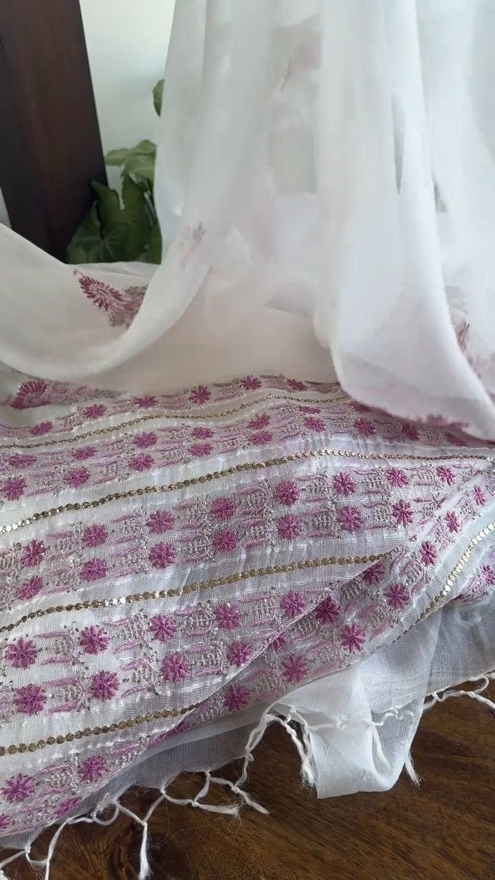 Natural White Net Organza Chikankari Saree With Mukaish Kamdani