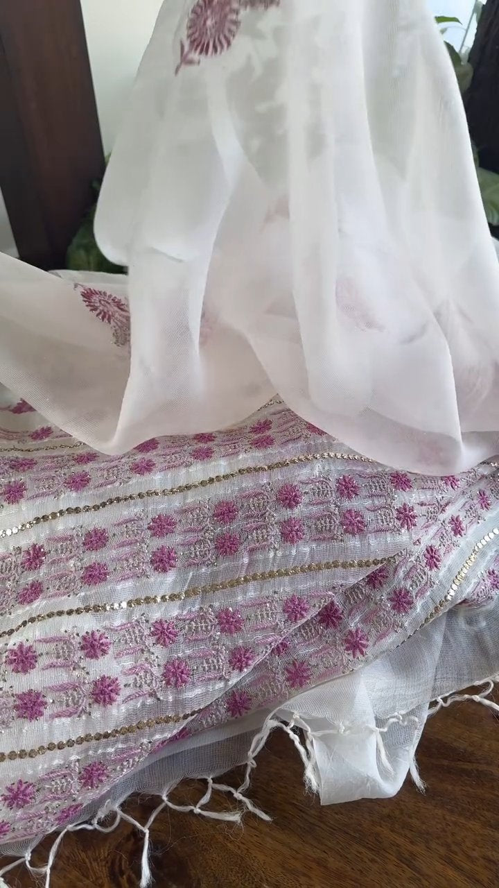 Natural White Net Organza Chikankari Saree With Mukaish Kamdani