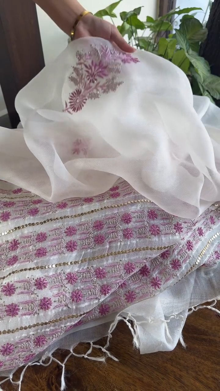 Natural White Net Organza Chikankari Saree With Mukaish Kamdani