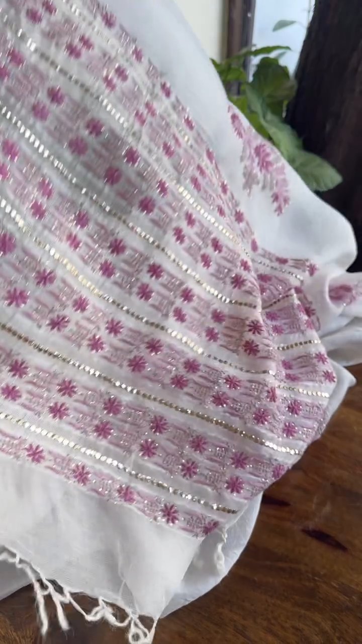 Natural White Net Organza Chikankari Saree With Mukaish Kamdani