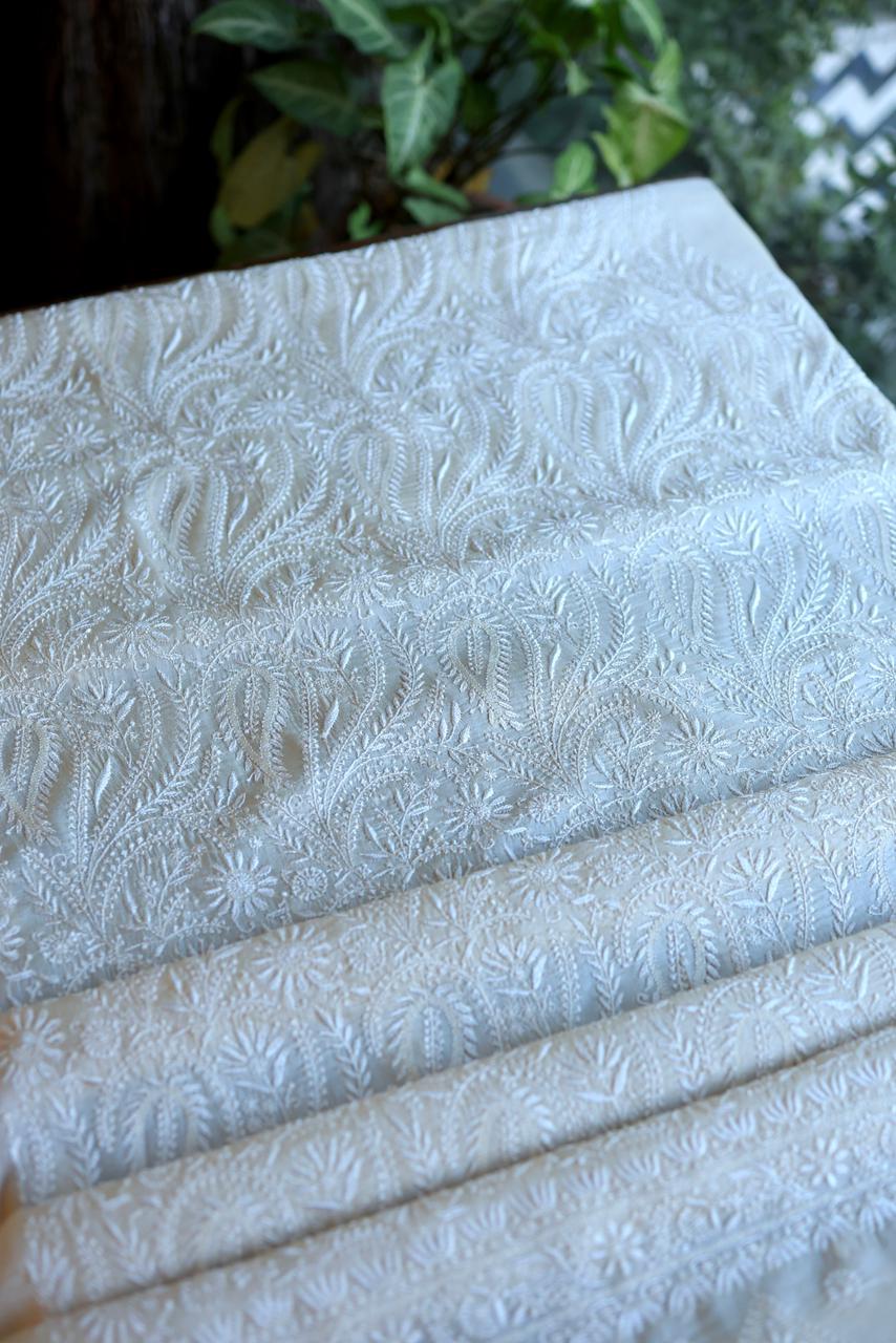 Natural Beige Shade Paper Tussar Resham Chikankari Unstitched Kurta Dupatta Set