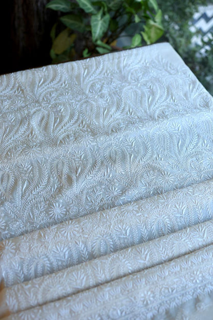 Natural Beige Shade Paper Tussar Resham Chikankari Unstitched Kurta Dupatta Set