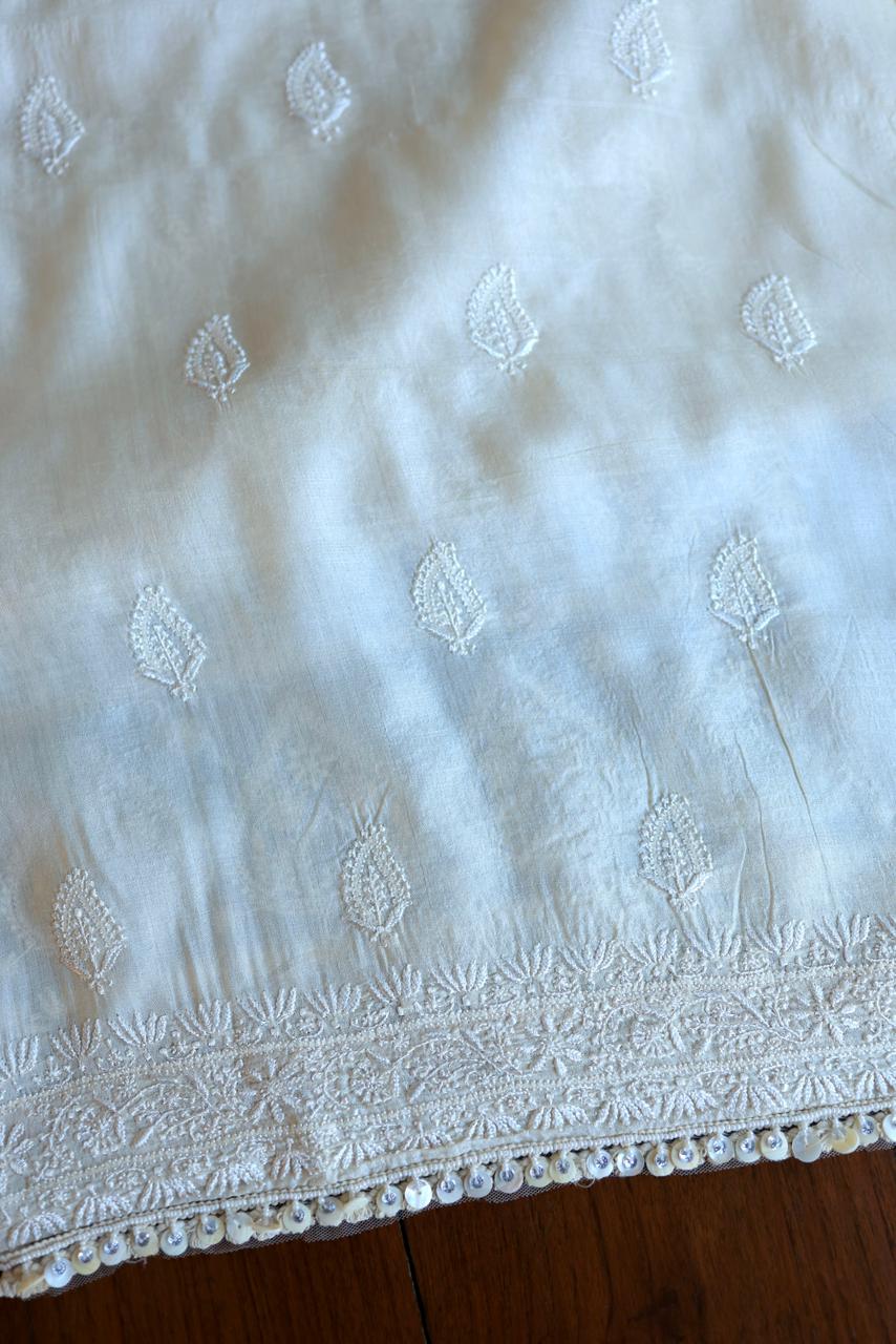 Natural Beige Shade Paper Tussar Resham Chikankari Unstitched Kurta Dupatta Set