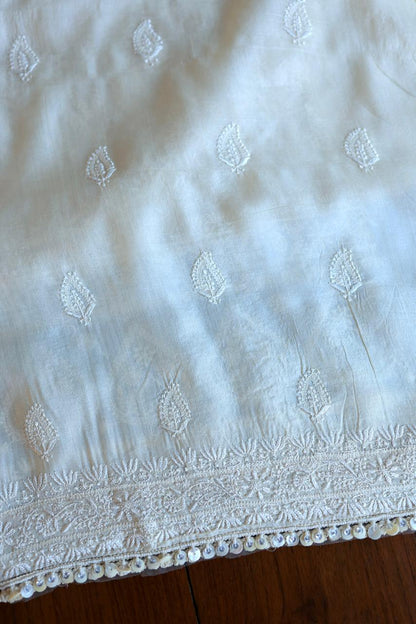 Natural Beige Shade Paper Tussar Resham Chikankari Unstitched Kurta Dupatta Set