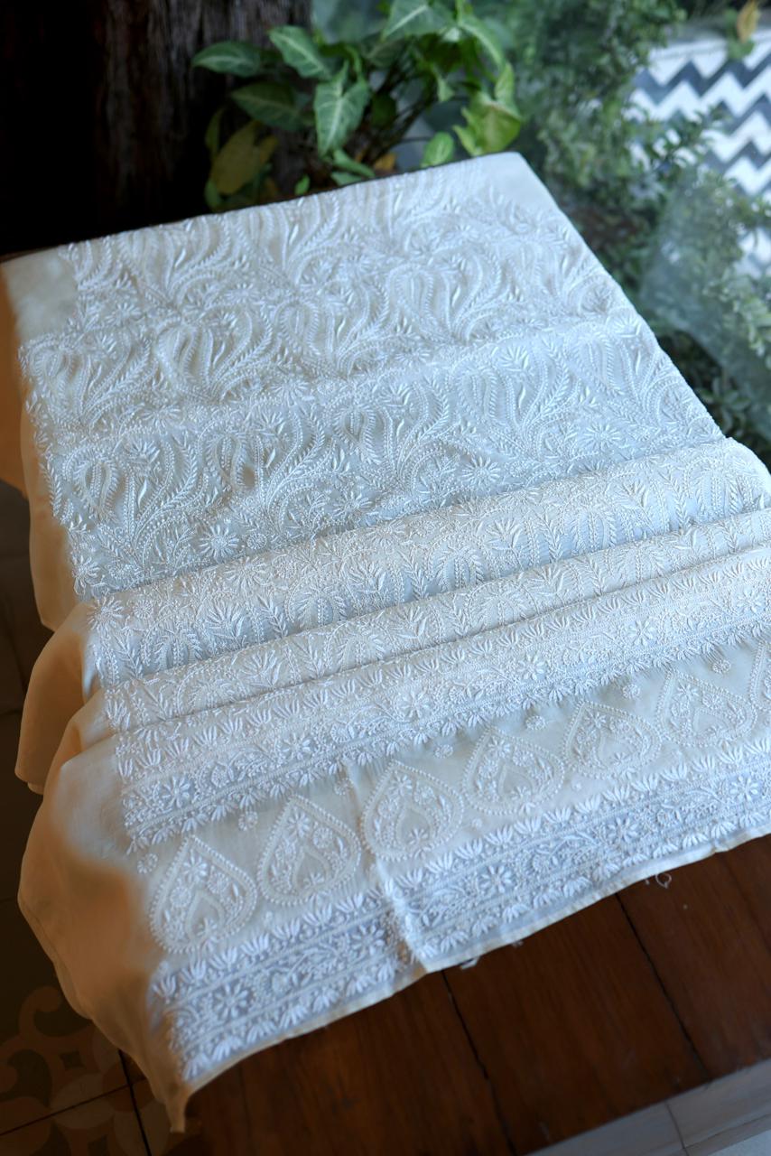 Natural Beige Shade Paper Tussar Resham Chikankari Unstitched Kurta Dupatta Set