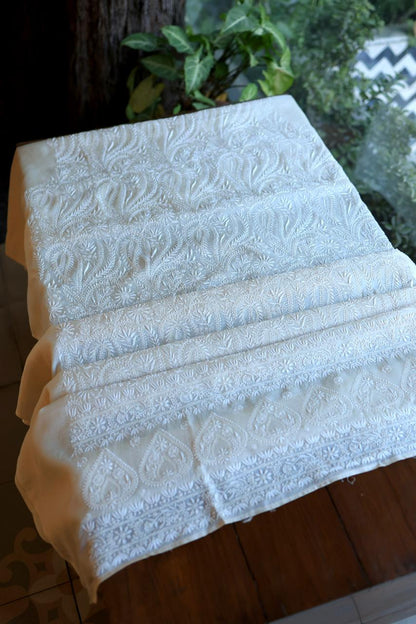 Natural Beige Shade Paper Tussar Resham Chikankari Unstitched Kurta Dupatta Set