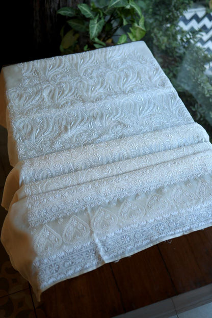 Natural Beige Shade Paper Tussar Resham Chikankari Unstitched Kurta Dupatta Set