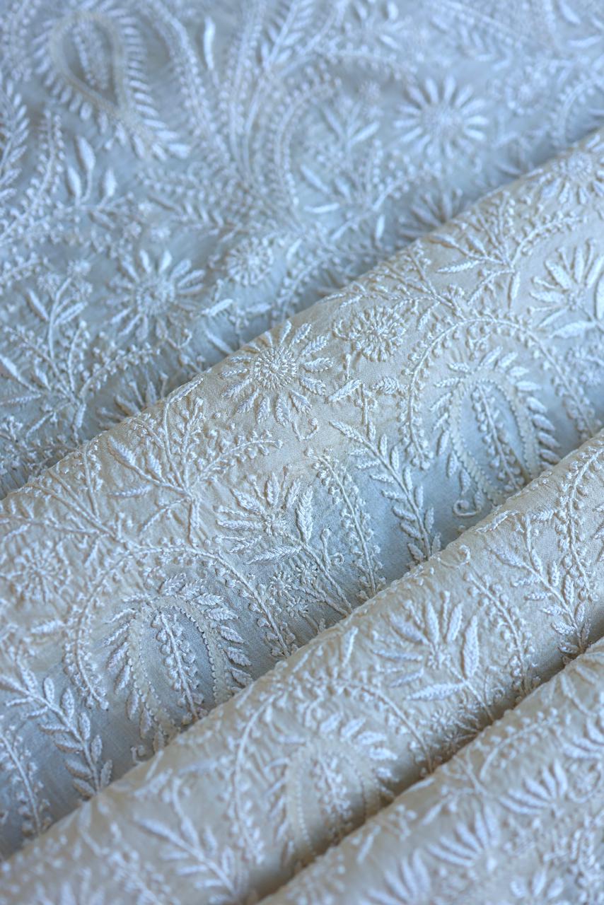 Natural Beige Shade Paper Tussar Resham Chikankari Unstitched Kurta Dupatta Set