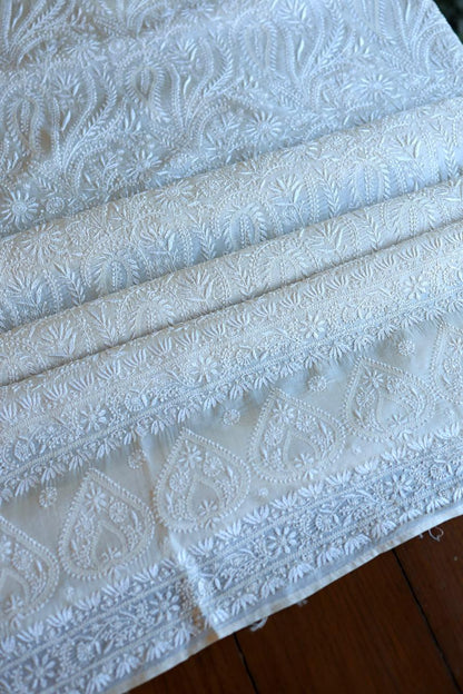 Natural Beige Shade Paper Tussar Resham Chikankari Unstitched Kurta Dupatta Set