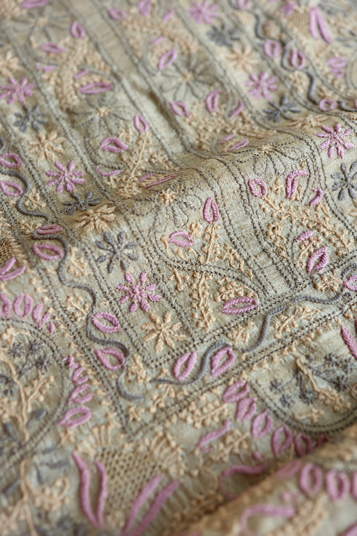 Natural & Mauve Shade Tussar Silk Natural Shade With Multi Thread Chikankari Fabric