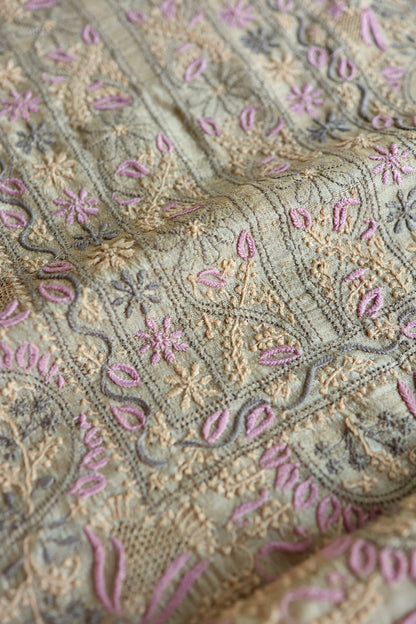 Natural & Mauve Shade Tussar Silk Natural Shade With Multi Thread Chikankari Fabric