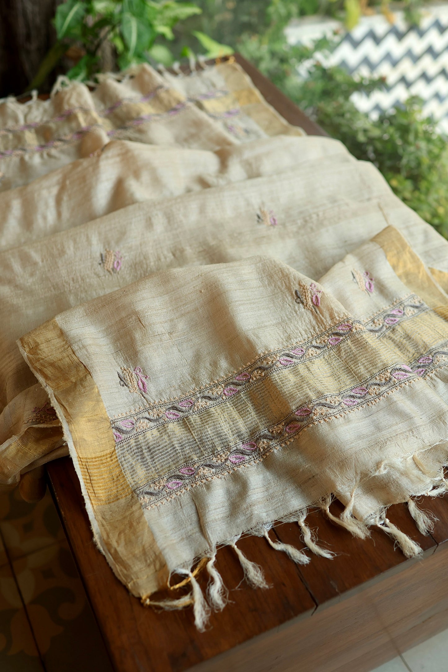 Natural & Mauve Shade Tussar Silk Natural Shade With Multi Thread Chikankari Fabric