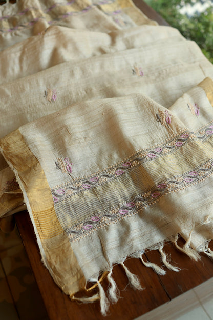 Natural & Mauve Shade Tussar Silk Natural Shade With Multi Thread Chikankari Fabric