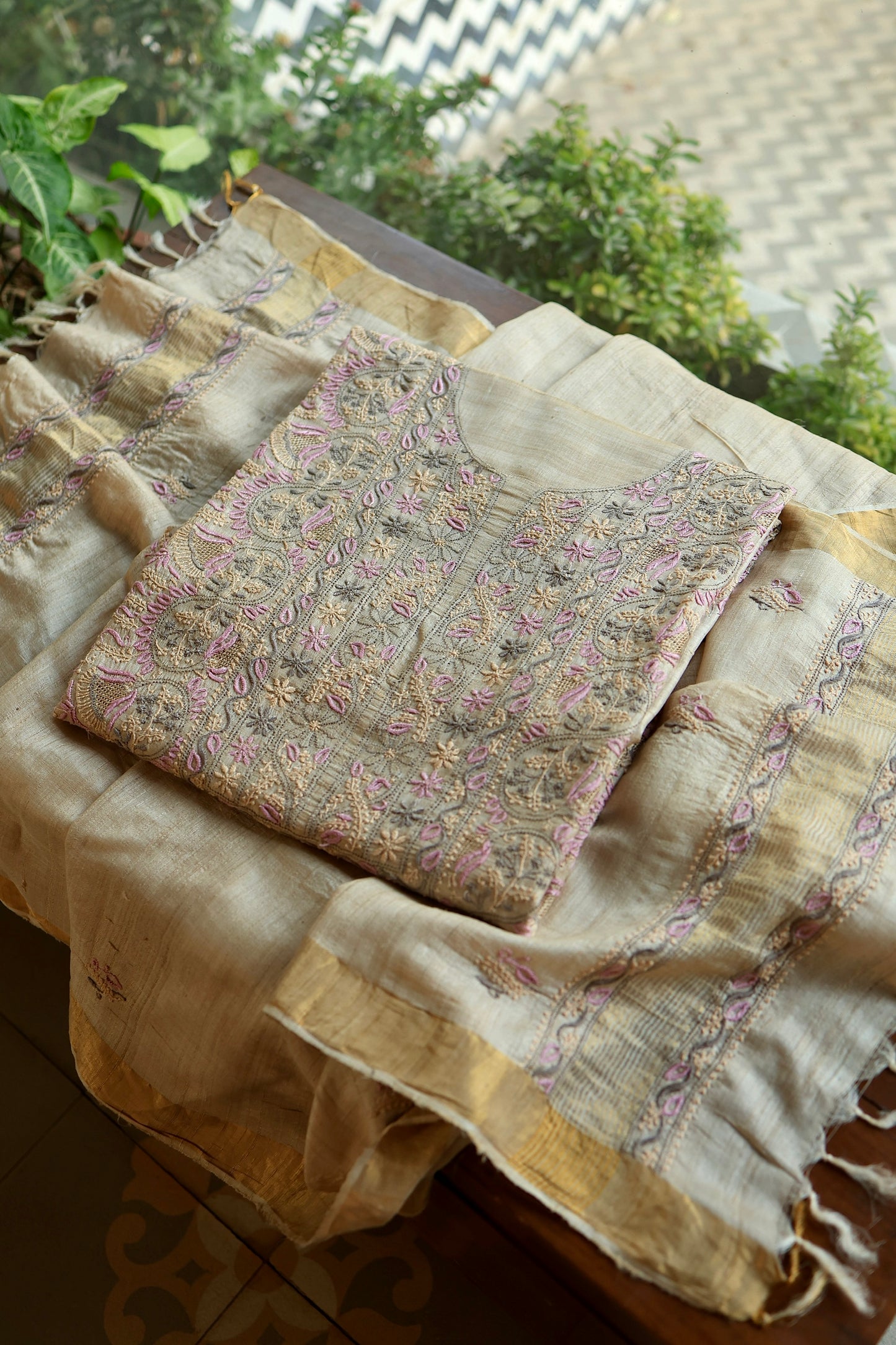 Natural & Mauve Shade Tussar Silk Natural Shade With Multi Thread Chikankari Fabric